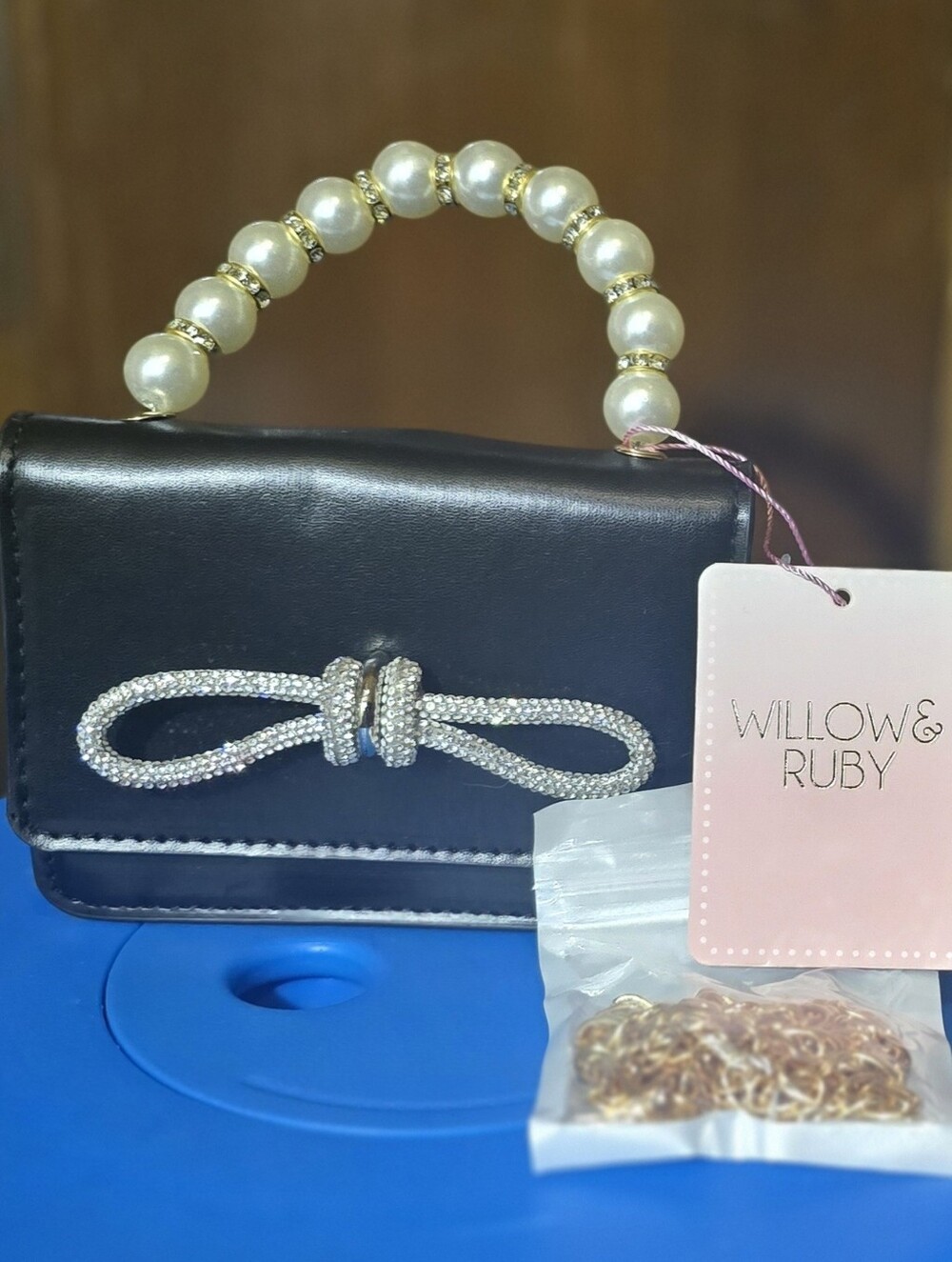 Willow & Ruby Black Mini Top Handle Satchel Pearl Handle Rhinestone Bow Strap